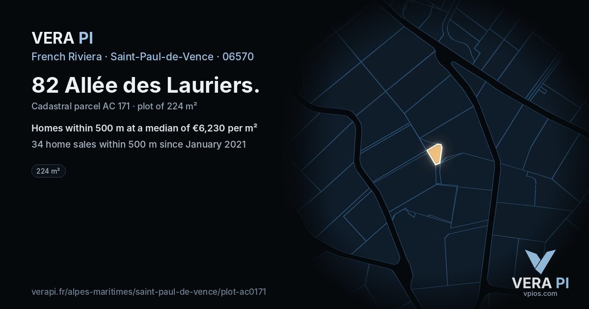 82 Allée des Lauriers, Saint-Paul-de-Vence at night – the plot lit, the parcels around coloured by the prices near them
