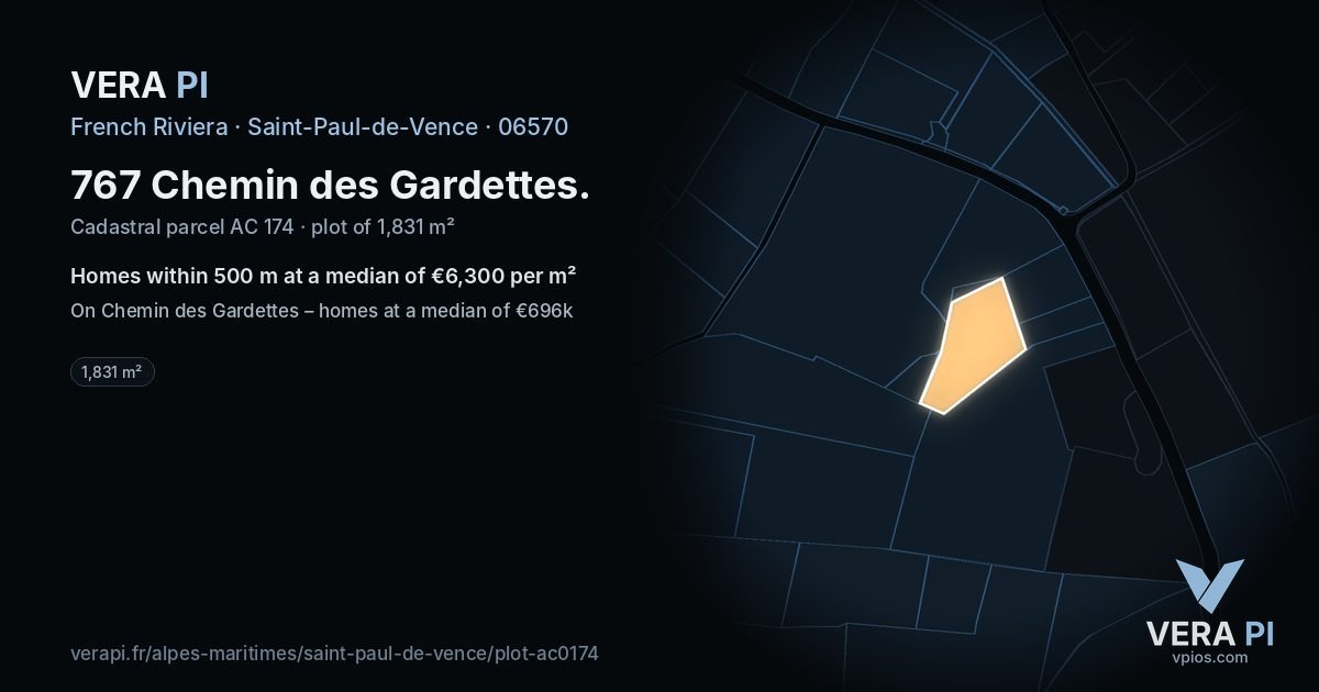 767 Chemin des Gardettes, Saint-Paul-de-Vence at night – the plot lit, the parcels around coloured by the prices near them