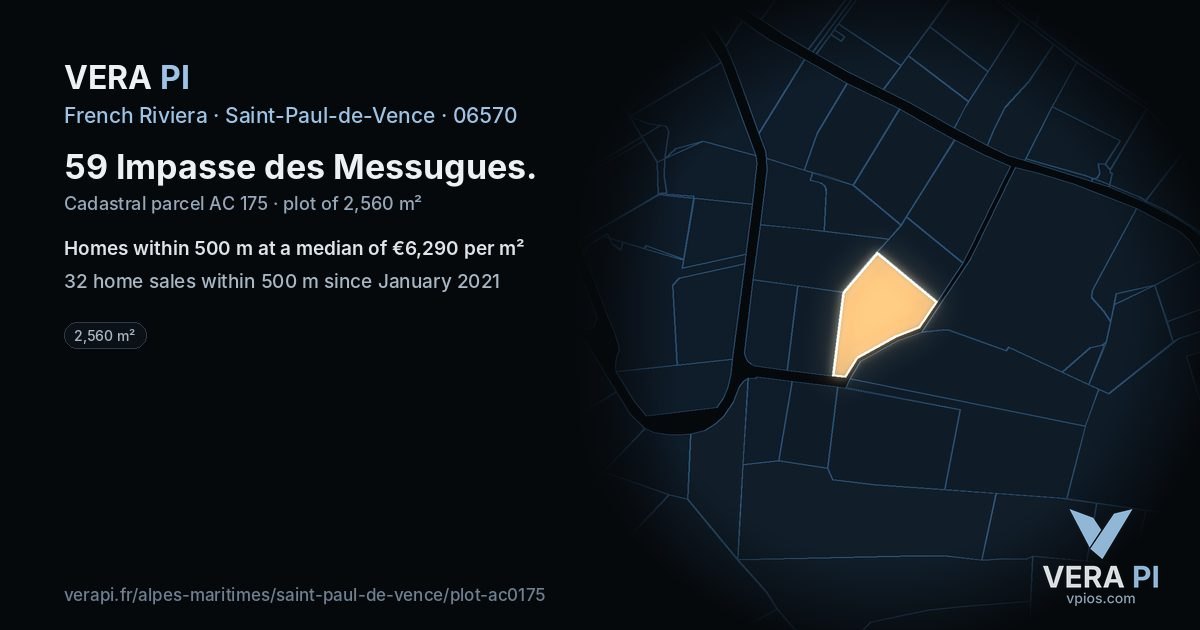 59 Impasse des Messugues, Saint-Paul-de-Vence at night – the plot lit, the parcels around coloured by the prices near them