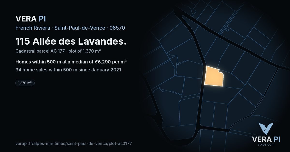 115 Allée des Lavandes, Saint-Paul-de-Vence at night – the plot lit, the parcels around coloured by the prices near them