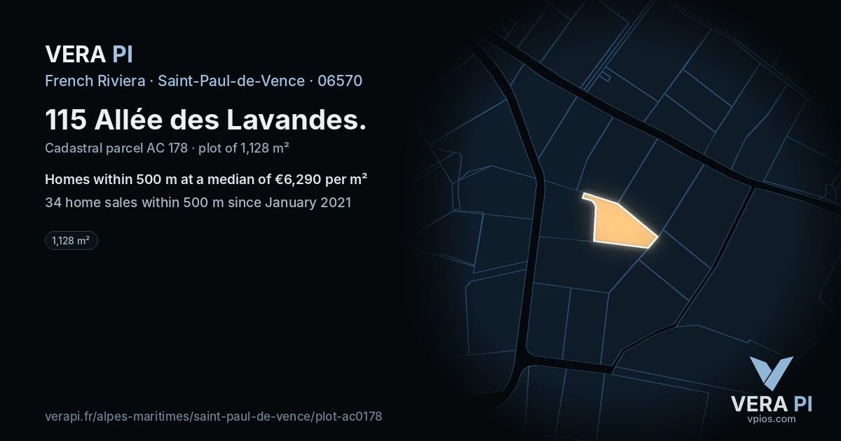 115 Allée des Lavandes, Saint-Paul-de-Vence at night – the plot lit, the parcels around coloured by the prices near them
