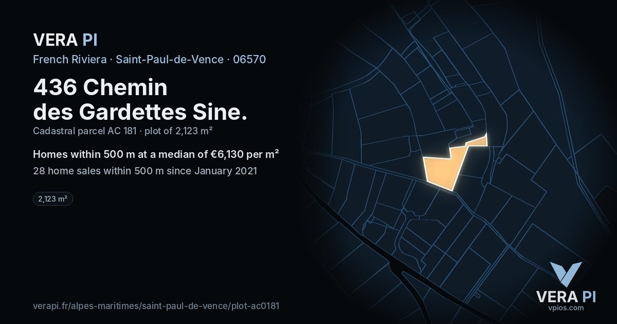 436 Chemin des Gardettes Sine, Saint-Paul-de-Vence at night – the plot lit, the parcels around coloured by the prices near them