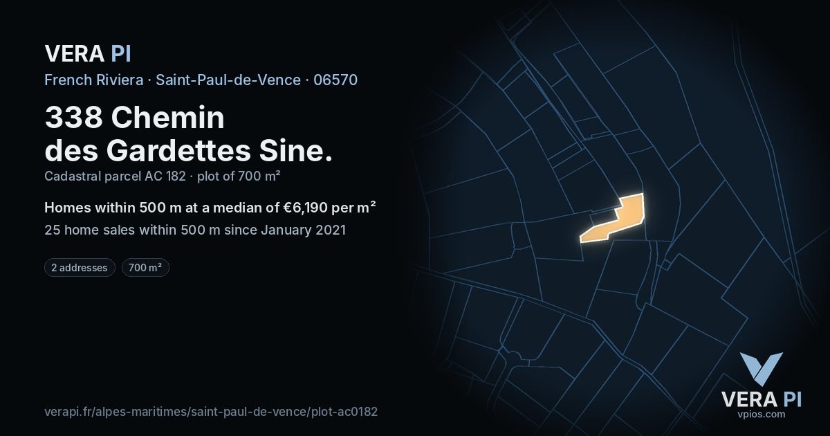 338 Chemin des Gardettes Sine, Saint-Paul-de-Vence at night – the plot lit, the parcels around coloured by the prices near them
