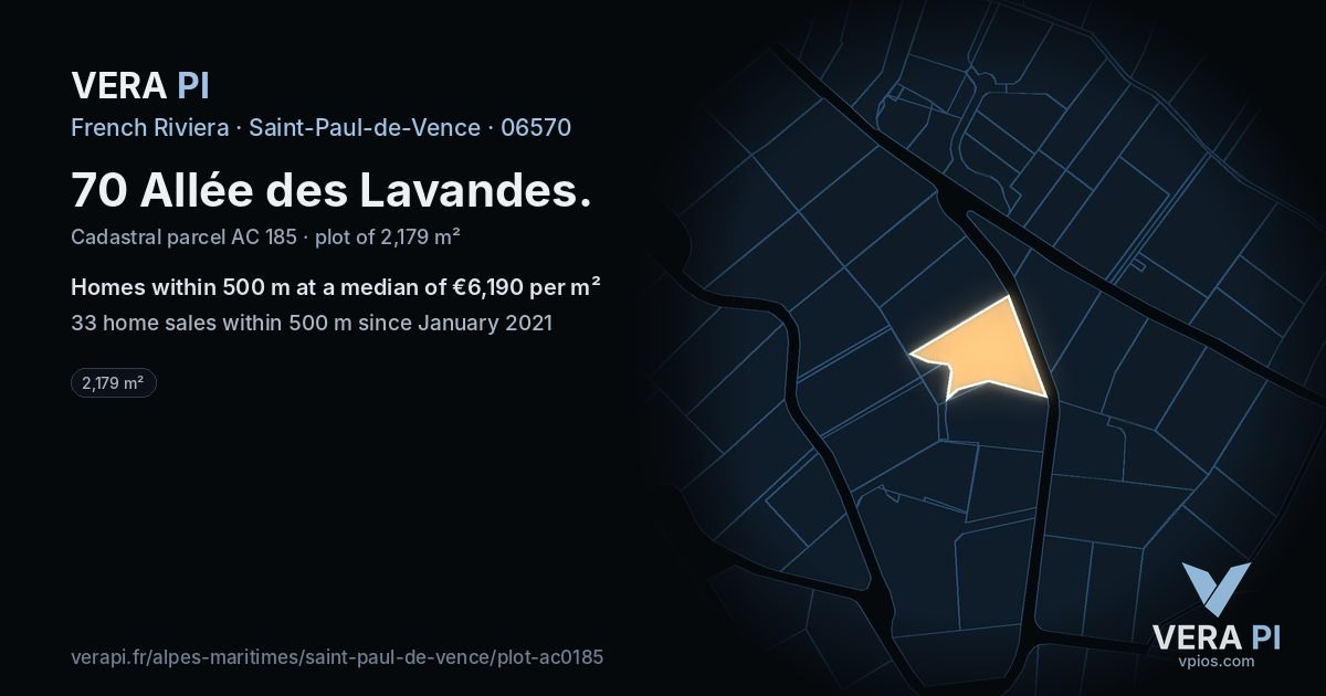 70 Allée des Lavandes, Saint-Paul-de-Vence at night – the plot lit, the parcels around coloured by the prices near them