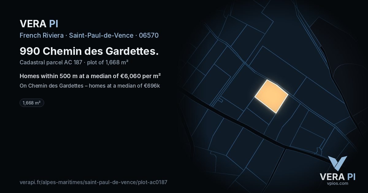 990 Chemin des Gardettes, Saint-Paul-de-Vence at night – the plot lit, the parcels around coloured by the prices near them