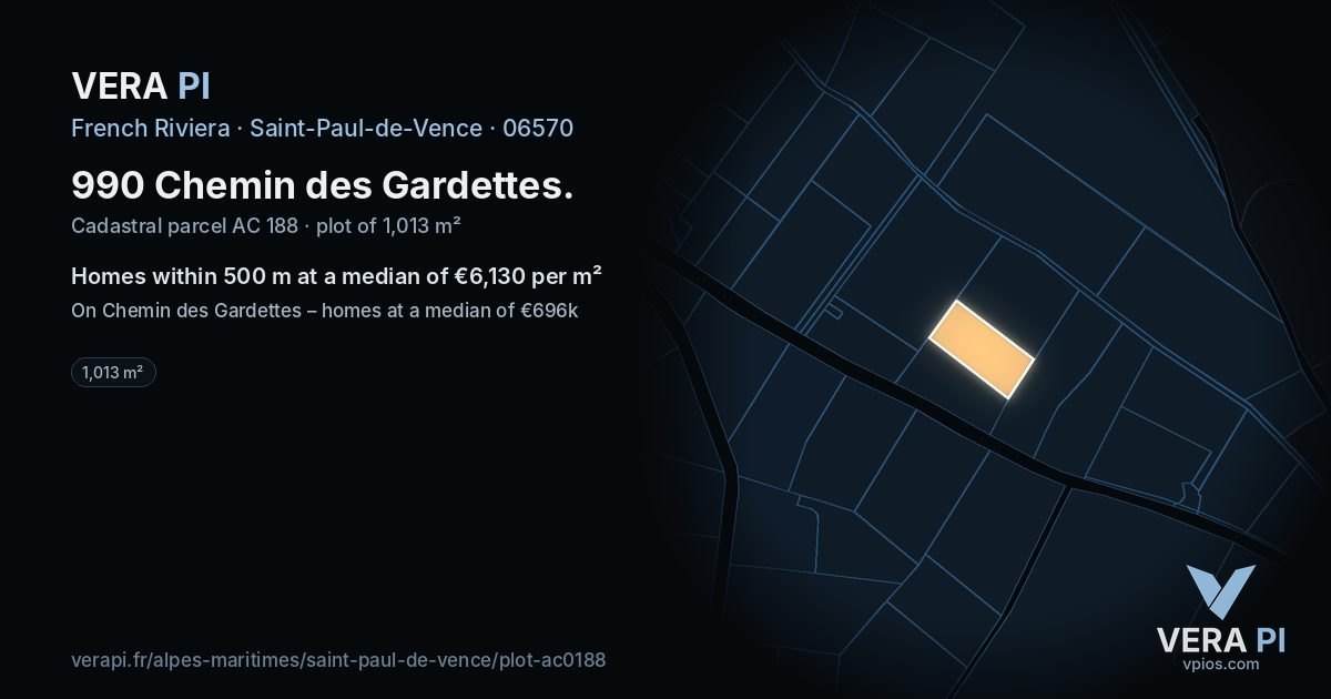 990 Chemin des Gardettes, Saint-Paul-de-Vence at night – the plot lit, the parcels around coloured by the prices near them
