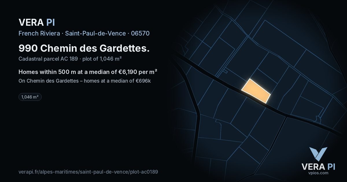 990 Chemin des Gardettes, Saint-Paul-de-Vence at night – the plot lit, the parcels around coloured by the prices near them