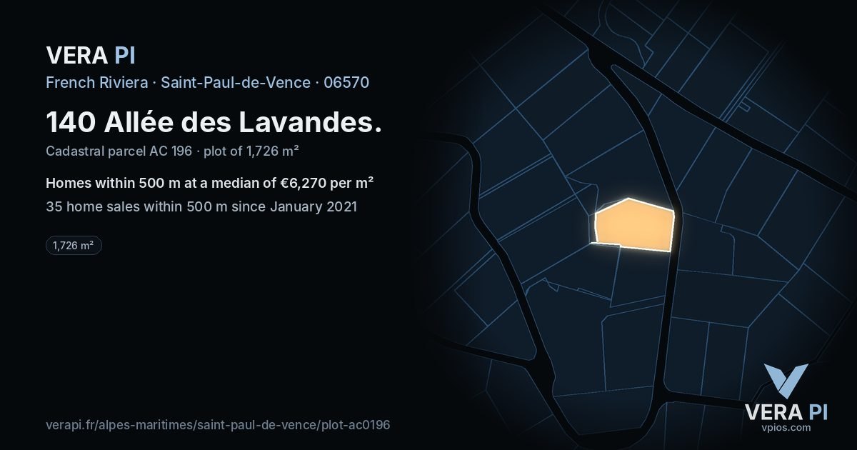 140 Allée des Lavandes, Saint-Paul-de-Vence at night – the plot lit, the parcels around coloured by the prices near them