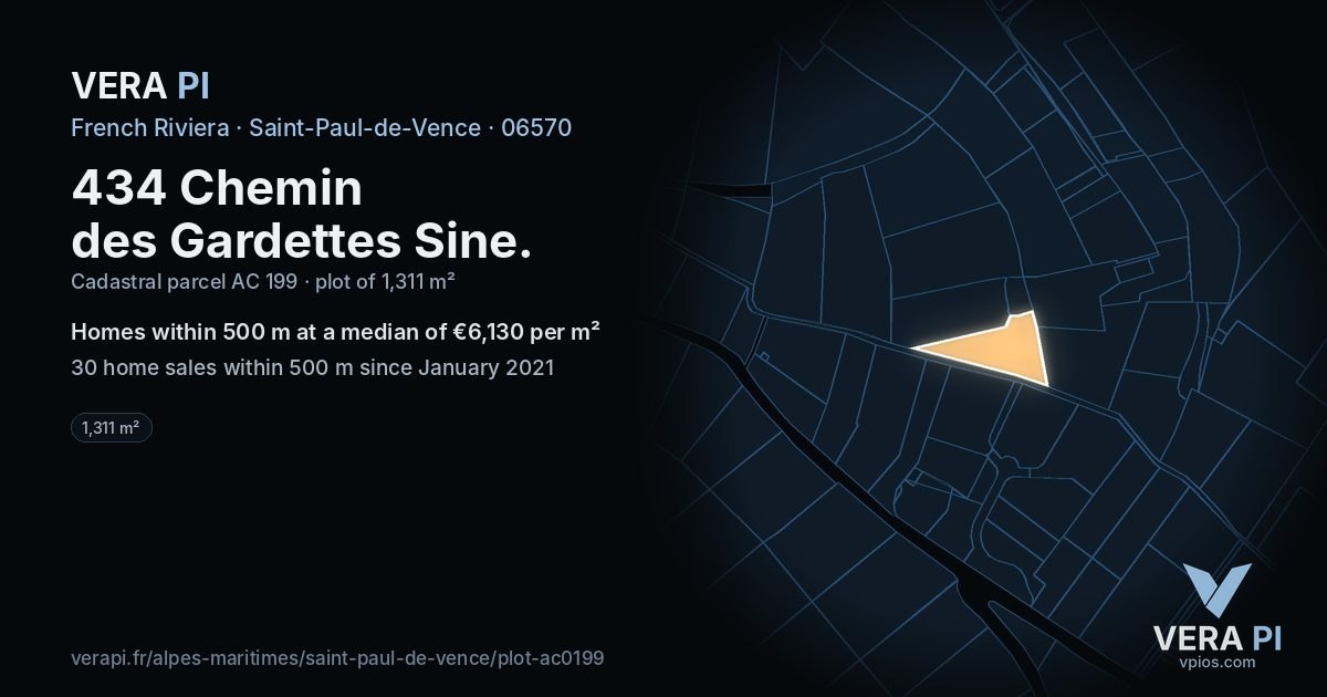 434 Chemin des Gardettes Sine, Saint-Paul-de-Vence at night – the plot lit, the parcels around coloured by the prices near them
