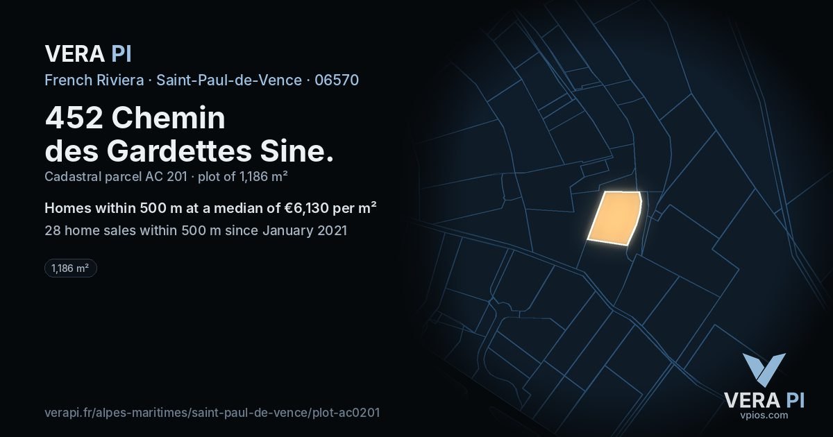 452 Chemin des Gardettes Sine, Saint-Paul-de-Vence at night – the plot lit, the parcels around coloured by the prices near them