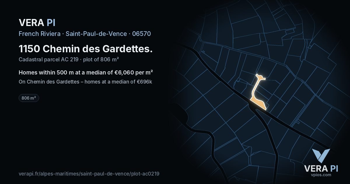 1150 Chemin des Gardettes, Saint-Paul-de-Vence at night – the plot lit, the parcels around coloured by the prices near them