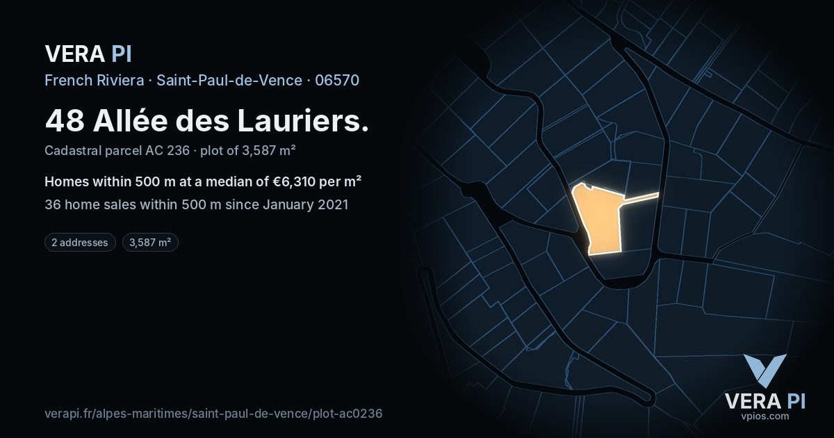 48 Allée des Lauriers, Saint-Paul-de-Vence at night – the plot lit, the parcels around coloured by the prices near them