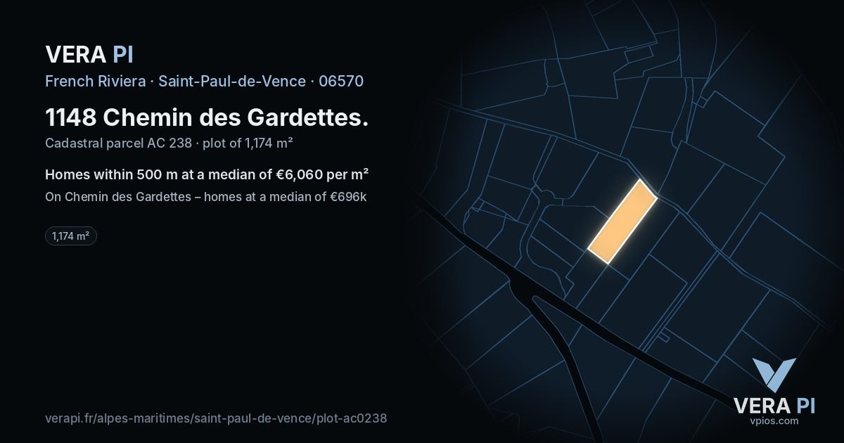 1148 Chemin des Gardettes, Saint-Paul-de-Vence at night – the plot lit, the parcels around coloured by the prices near them