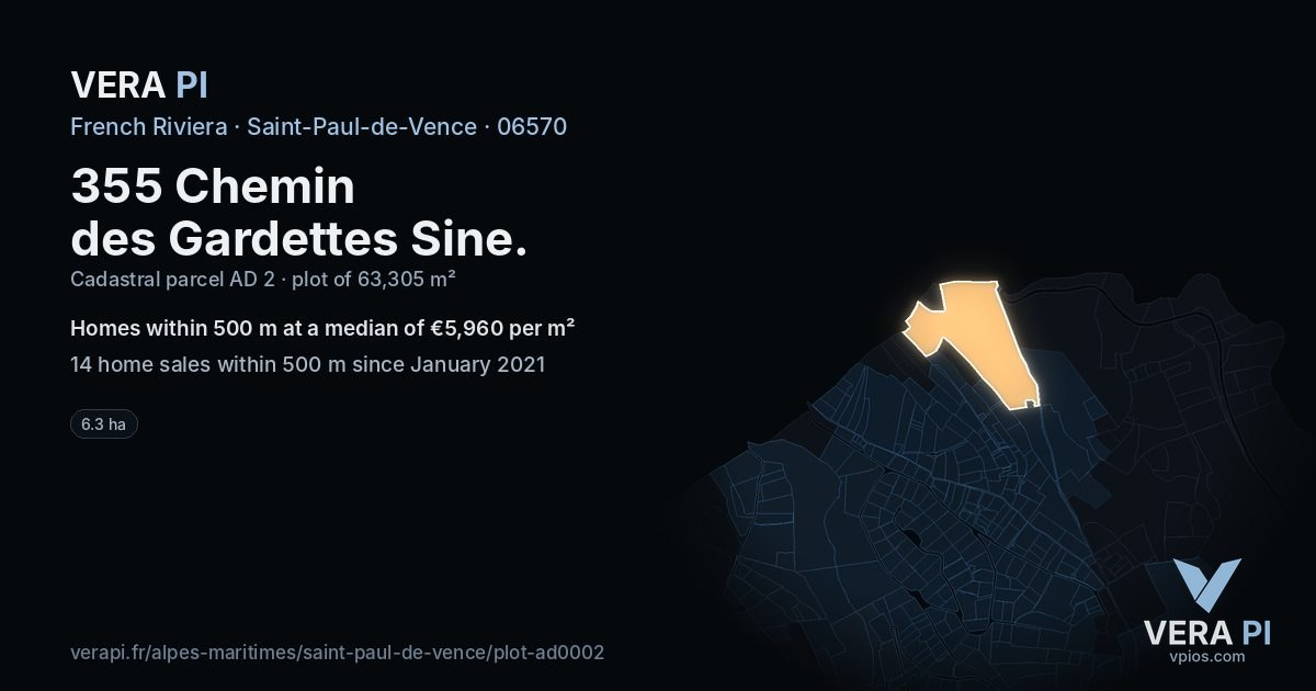 355 Chemin des Gardettes Sine, Saint-Paul-de-Vence at night – the plot lit, the parcels around coloured by the prices near them