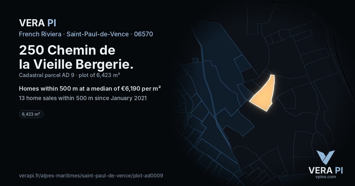 250 Chemin de la Vieille Bergerie, Saint-Paul-de-Vence at night – the plot lit, the parcels around coloured by the prices near them