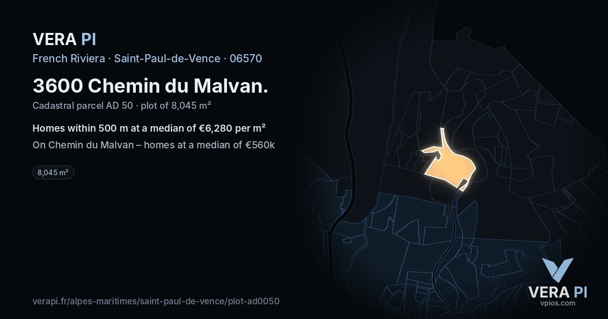 3600 Chemin du Malvan, Saint-Paul-de-Vence at night – the plot lit, the parcels around coloured by the prices near them