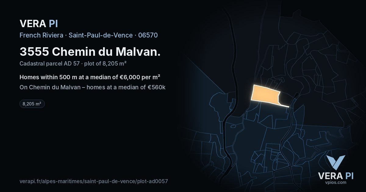 3555 Chemin du Malvan, Saint-Paul-de-Vence at night – the plot lit, the parcels around coloured by the prices near them