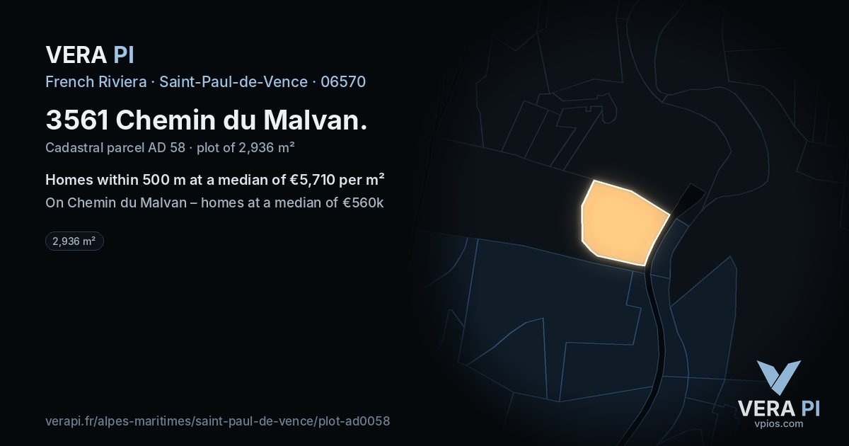 3561 Chemin du Malvan, Saint-Paul-de-Vence at night – the plot lit, the parcels around coloured by the prices near them