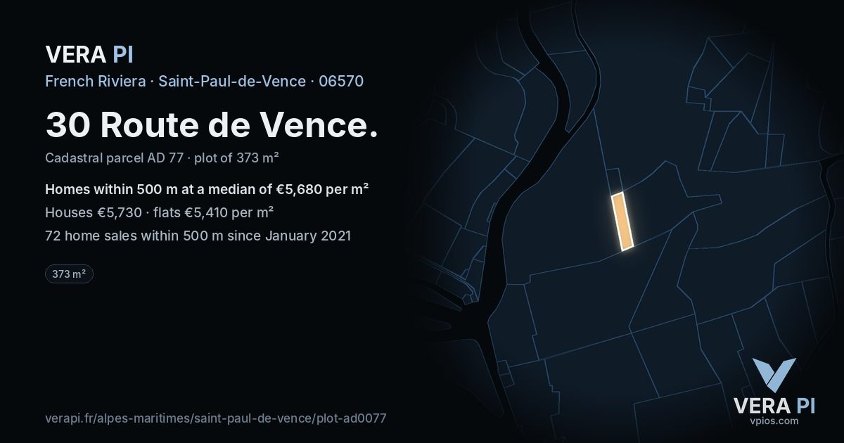 30 Route de Vence, Saint-Paul-de-Vence at night – the plot lit, the parcels around coloured by the prices near them