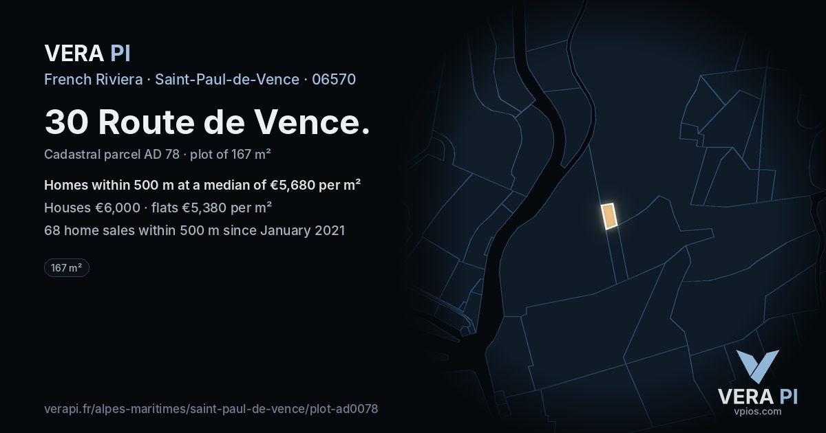 30 Route de Vence, Saint-Paul-de-Vence at night – the plot lit, the parcels around coloured by the prices near them