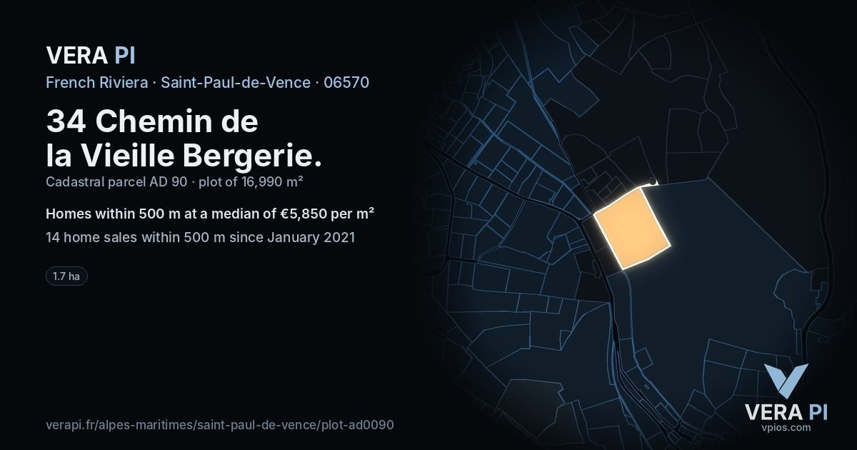 34 Chemin de la Vieille Bergerie, Saint-Paul-de-Vence at night – the plot lit, the parcels around coloured by the prices near them
