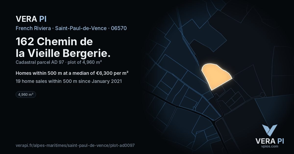 162 Chemin de la Vieille Bergerie, Saint-Paul-de-Vence at night – the plot lit, the parcels around coloured by the prices near them