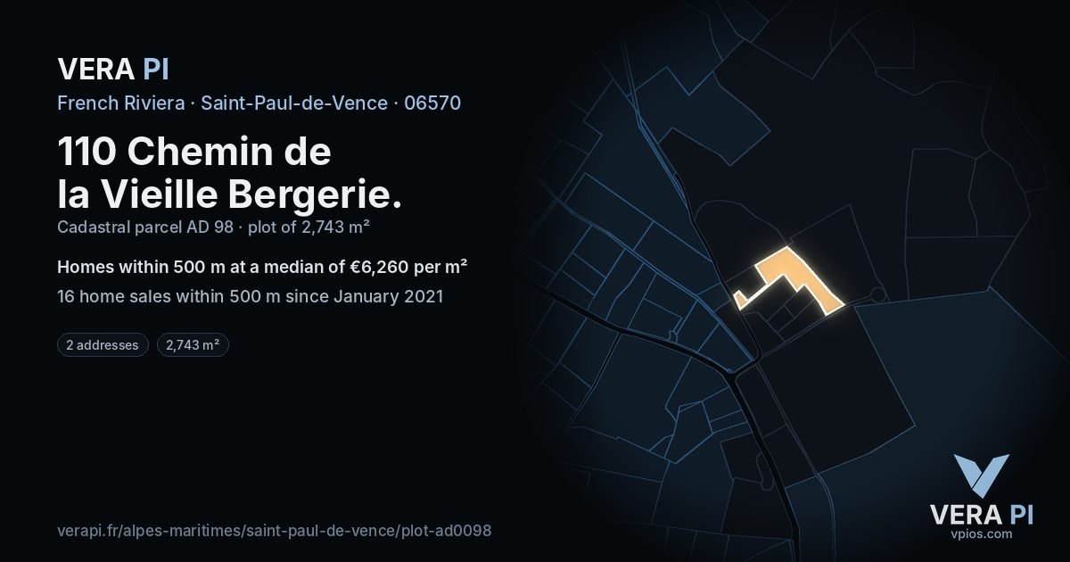 110 Chemin de la Vieille Bergerie, Saint-Paul-de-Vence at night – the plot lit, the parcels around coloured by the prices near them