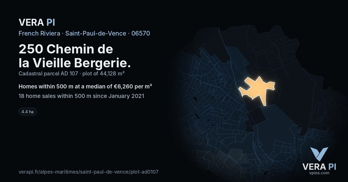 250 Chemin de la Vieille Bergerie, Saint-Paul-de-Vence at night – the plot lit, the parcels around coloured by the prices near them
