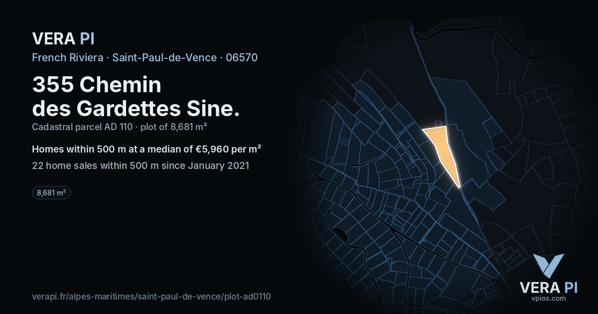 355 Chemin des Gardettes Sine, Saint-Paul-de-Vence at night – the plot lit, the parcels around coloured by the prices near them