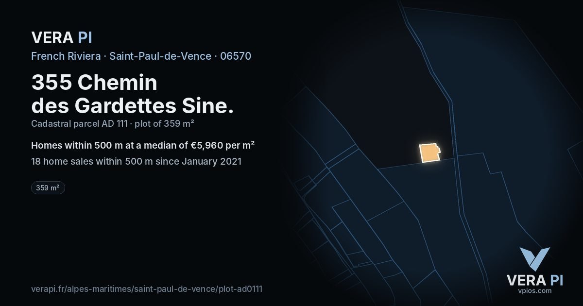355 Chemin des Gardettes Sine, Saint-Paul-de-Vence at night – the plot lit, the parcels around coloured by the prices near them
