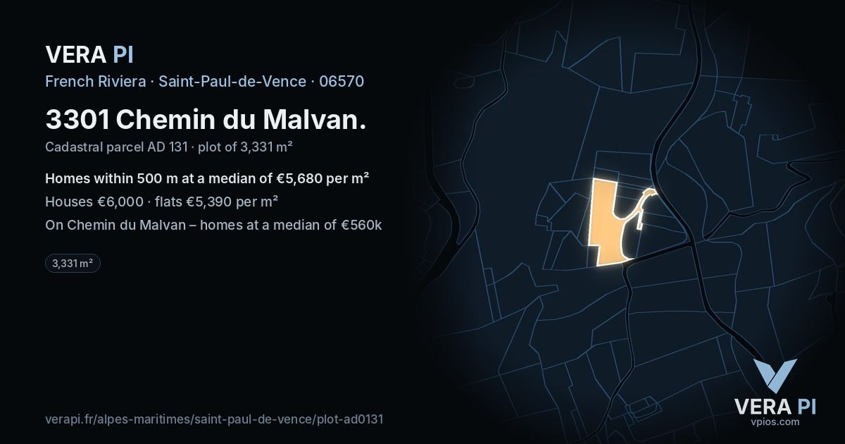 3301 Chemin du Malvan, Saint-Paul-de-Vence at night – the plot lit, the parcels around coloured by the prices near them