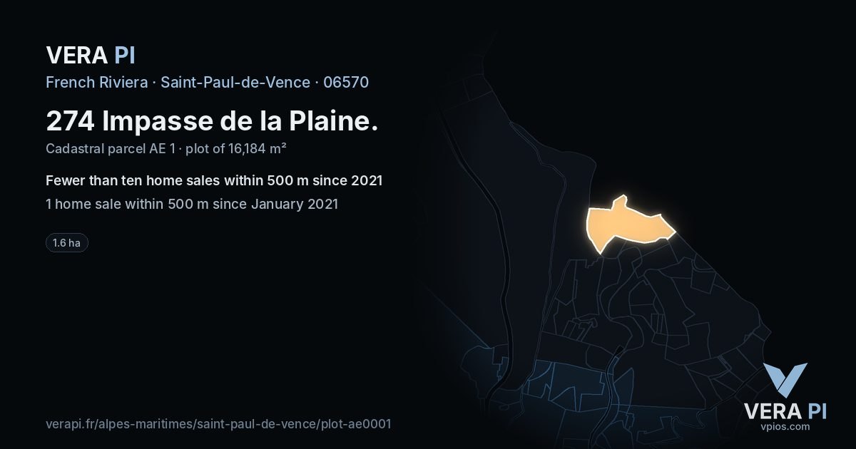274 Impasse de la Plaine, Saint-Paul-de-Vence at night – the plot lit, the parcels around coloured by the prices near them