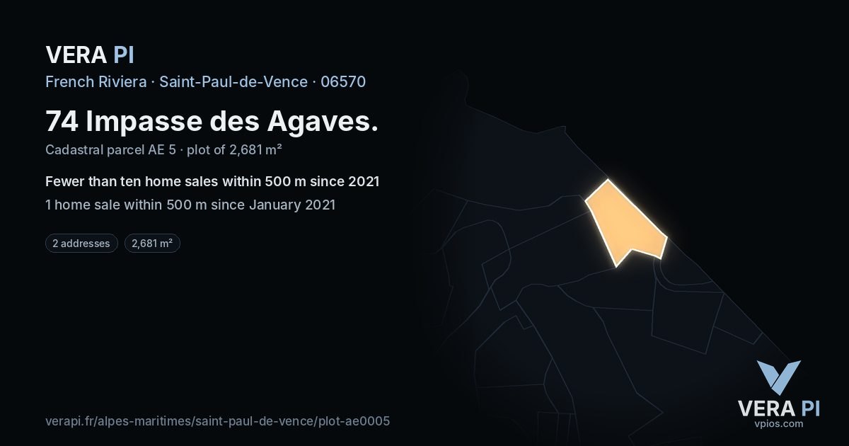 74 Impasse des Agaves, Saint-Paul-de-Vence at night – the plot lit, the parcels around coloured by the prices near them