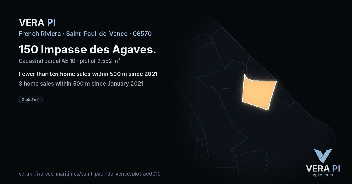 150 Impasse des Agaves, Saint-Paul-de-Vence at night – the plot lit, the parcels around coloured by the prices near them