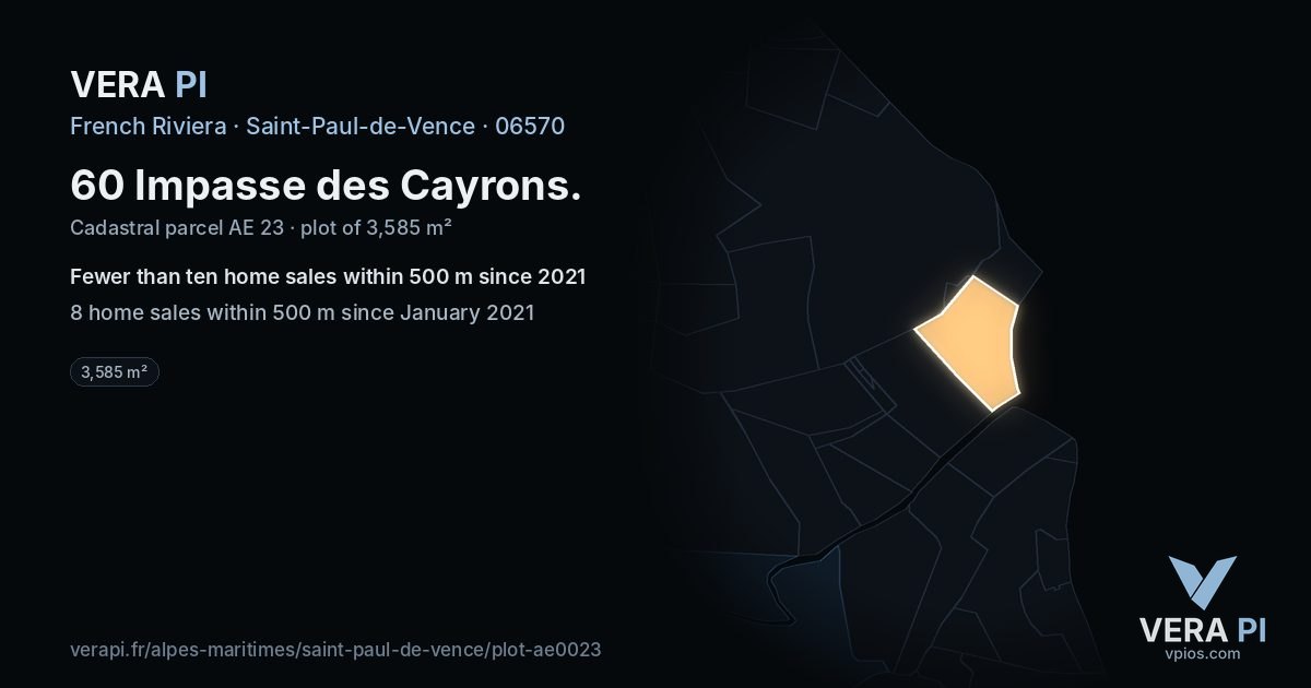 60 Impasse des Cayrons, Saint-Paul-de-Vence at night – the plot lit, the parcels around coloured by the prices near them