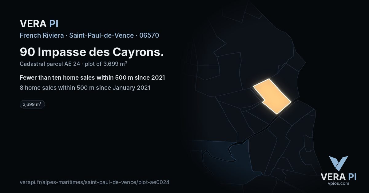 90 Impasse des Cayrons, Saint-Paul-de-Vence at night – the plot lit, the parcels around coloured by the prices near them