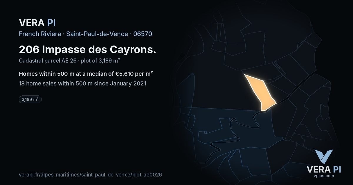 206 Impasse des Cayrons, Saint-Paul-de-Vence at night – the plot lit, the parcels around coloured by the prices near them