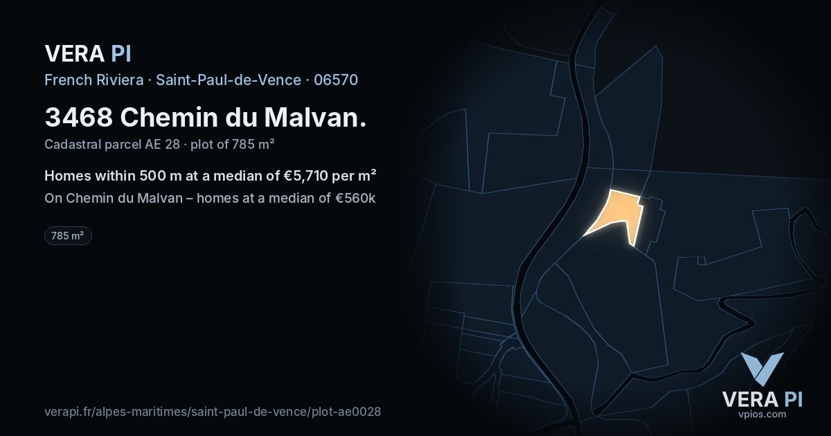 3468 Chemin du Malvan, Saint-Paul-de-Vence at night – the plot lit, the parcels around coloured by the prices near them