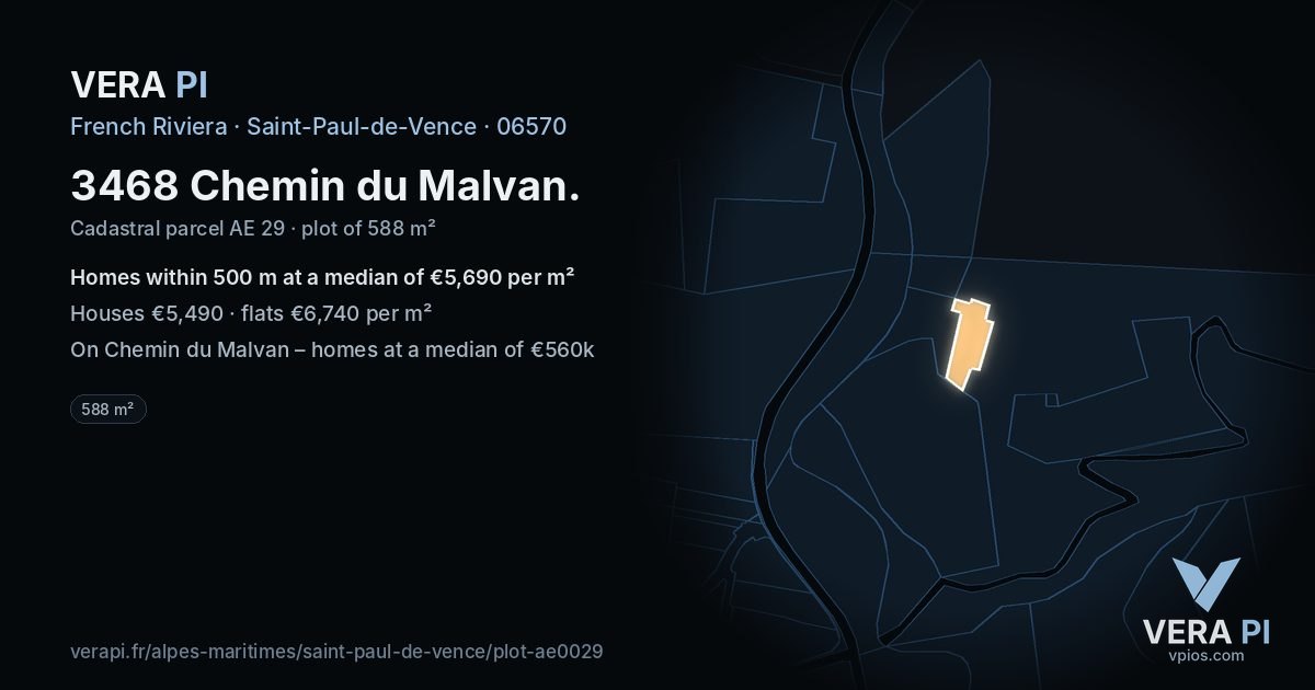3468 Chemin du Malvan, Saint-Paul-de-Vence at night – the plot lit, the parcels around coloured by the prices near them