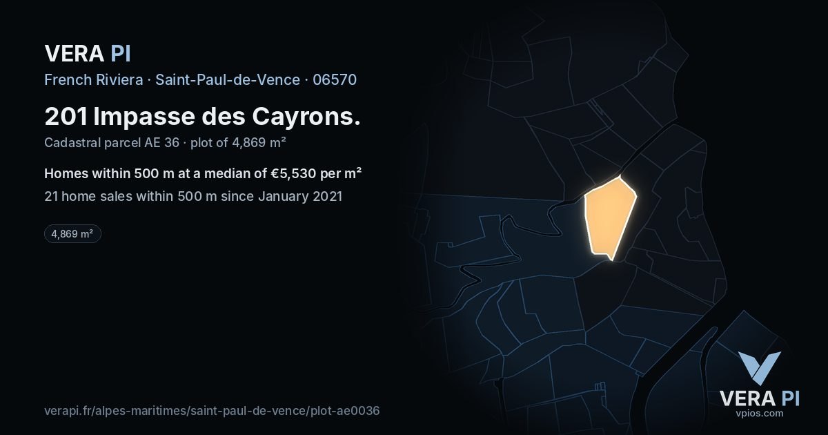201 Impasse des Cayrons, Saint-Paul-de-Vence at night – the plot lit, the parcels around coloured by the prices near them