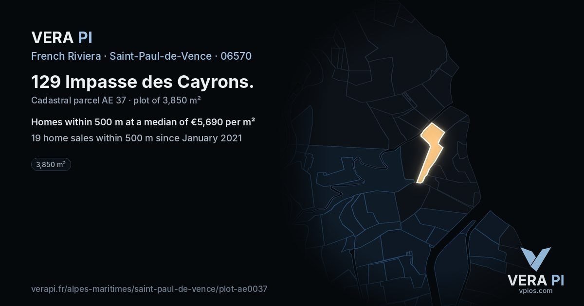 129 Impasse des Cayrons, Saint-Paul-de-Vence at night – the plot lit, the parcels around coloured by the prices near them
