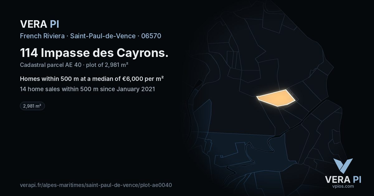 114 Impasse des Cayrons, Saint-Paul-de-Vence at night – the plot lit, the parcels around coloured by the prices near them