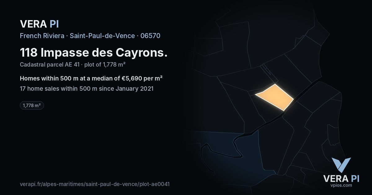 118 Impasse des Cayrons, Saint-Paul-de-Vence at night – the plot lit, the parcels around coloured by the prices near them