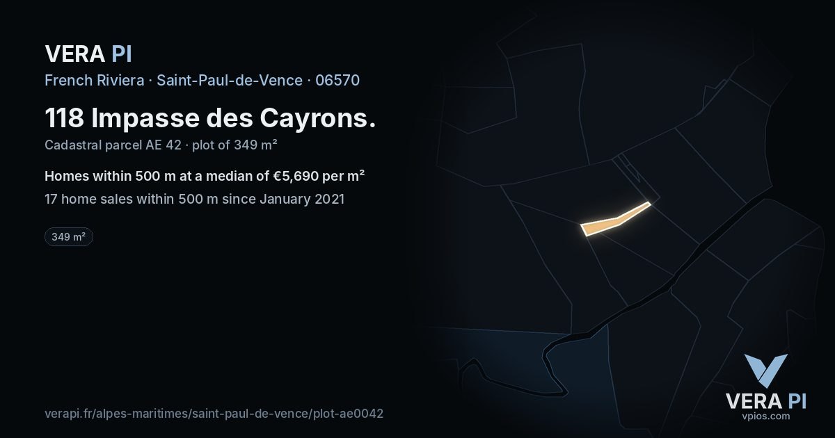 118 Impasse des Cayrons, Saint-Paul-de-Vence at night – the plot lit, the parcels around coloured by the prices near them