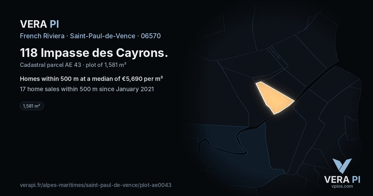 118 Impasse des Cayrons, Saint-Paul-de-Vence at night – the plot lit, the parcels around coloured by the prices near them