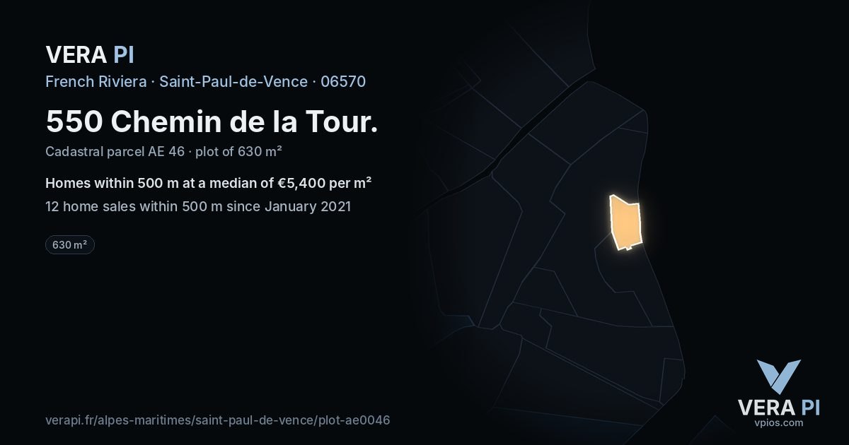 550 Chemin de la Tour, Saint-Paul-de-Vence at night – the plot lit, the parcels around coloured by the prices near them