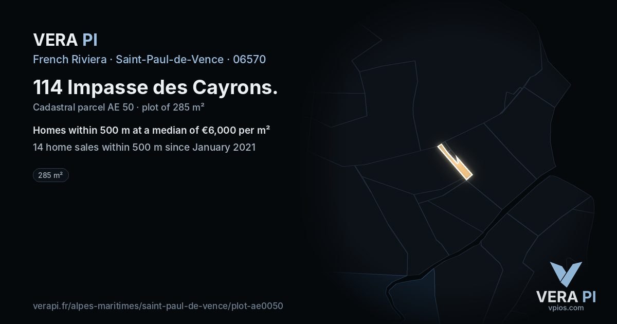 114 Impasse des Cayrons, Saint-Paul-de-Vence at night – the plot lit, the parcels around coloured by the prices near them