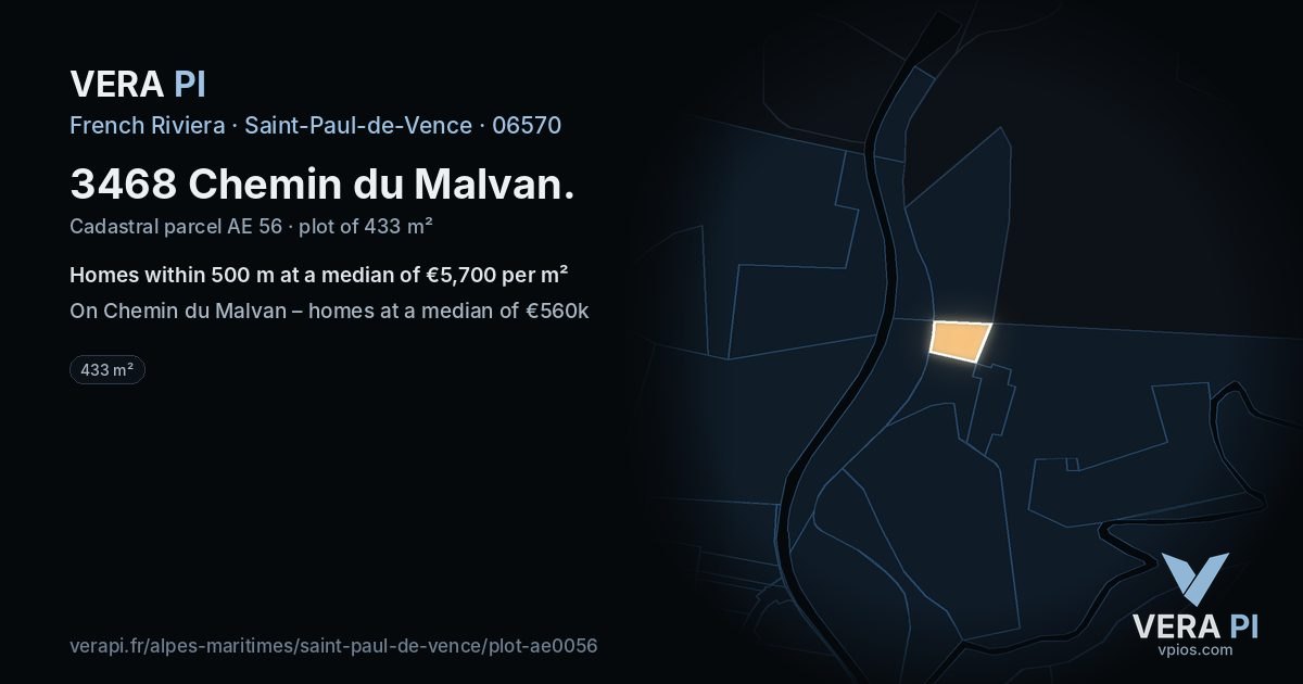 3468 Chemin du Malvan, Saint-Paul-de-Vence at night – the plot lit, the parcels around coloured by the prices near them