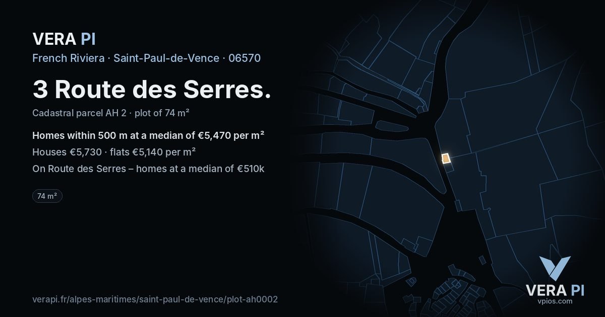 3 Route des Serres, Saint-Paul-de-Vence at night – the plot lit, the parcels around coloured by the prices near them