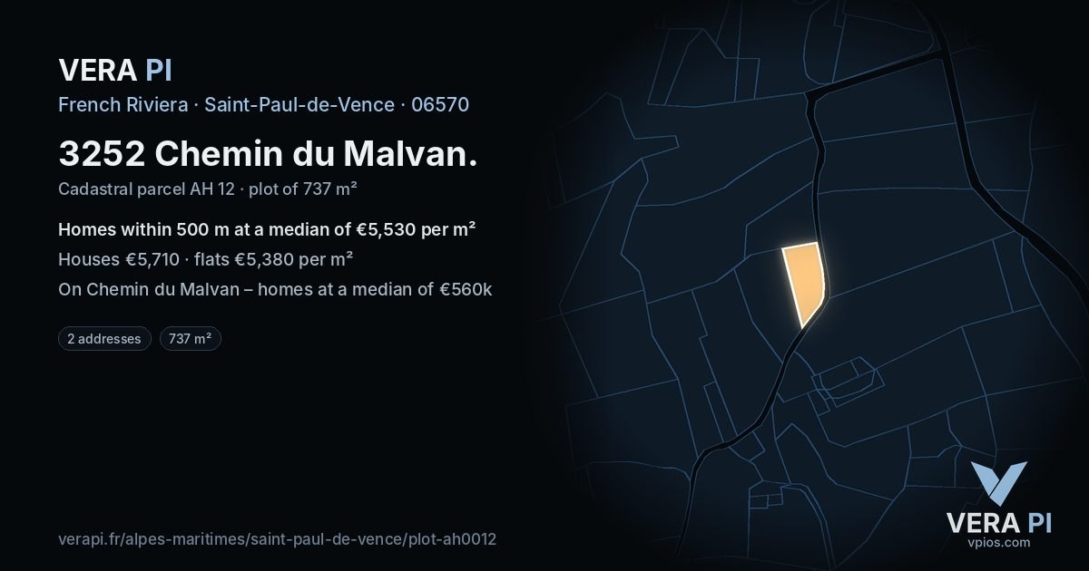 3252 Chemin du Malvan, Saint-Paul-de-Vence at night – the plot lit, the parcels around coloured by the prices near them